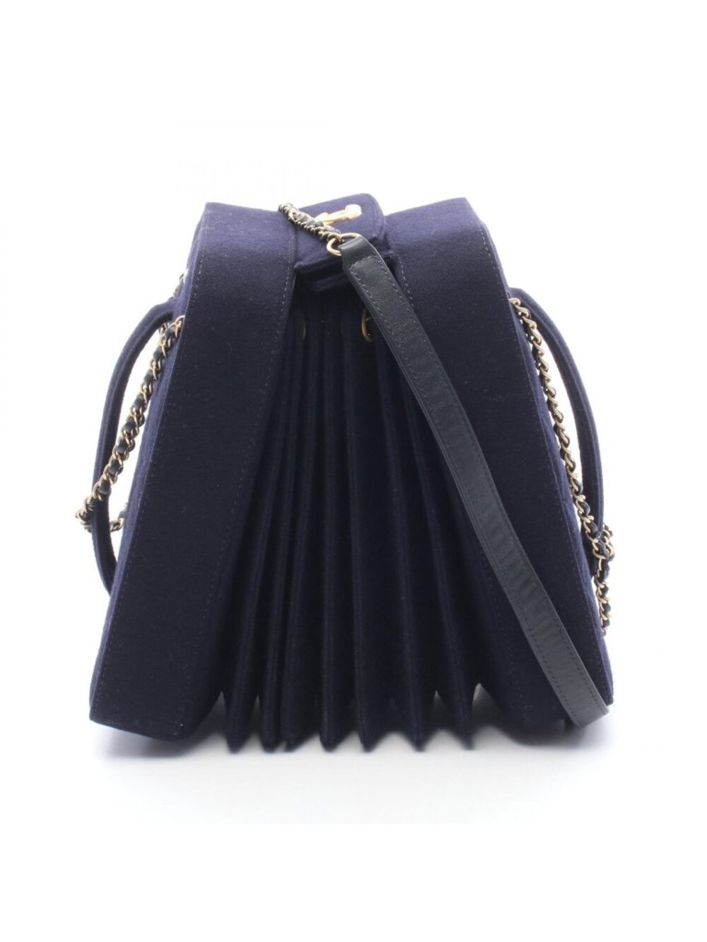 Chanel Shoulder Bag Accordion Navy Wool Chain